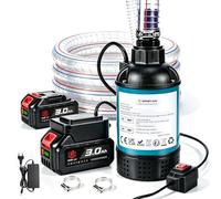 ONEVAN 4164L/H Pompe eau submersible sans fil 2 batteries 3.0Ah & Tuyau 2m | 60 minutes d'autonomie, vide une baignoire de 1100 L en 16 minutes, moteur sans balais, pour piscine, jardin, bain à remous