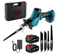 ONEVAN scie sabre sans fil avec batterie 2x 3,0Ah, scie alternative sans balais, course de 15 mm, 3100 coups/min, scie alligator electrique inclus 4 lames, pour coupe de bois, branches, métal