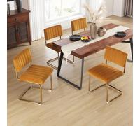 ONEVOG Lot de 4 chaises de cuisine et de salle à manger en similicuir avec dossier incurvé, base en métal inoxydable doré, chaises modernes du milieu du siècle pour petite salle à manger, (orange)