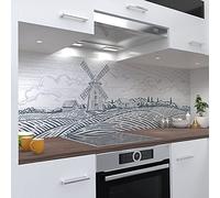 OneWheel | Autocollant mural pour crédence de cuisine | 340 x 50 cm Film PVC rigide | Sticker mural pour carrelage design moulin à vent blanc | Motif : Wind Mill