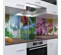 OneWheel | Film PVC rigide autocollant pour crédence de cuisine | 220 x 80 cm | Sticker mural pour carrelage design fleurs vert | Motif : collage floral