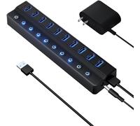 ONFINIO Hub USB 3.0, répartiteur USB 10 ports avec interrupteurs marche/arrêt individuels et adaptateur d'alimentation 12 V/2 A