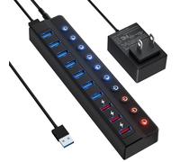 ONFINIO Hub USB alimenté par alimentation, hub répartiteur USB à 10 ports (7 ports de transfert de données plus rapides + 3 ports de charge intelligents) avec interrupteurs LED