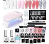 Ongle Gel Kit Complet Avec Lampe 145pcs, 6 Couleurs Poly Extension Gel Nail Art Set, Rose Blanc Pailleté Vernis Semi Permanent, Base Et Top Coat + Faux Ongles Pour Nail Manucures Débutant Starter Kit