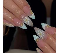 Ongles 3D floraux à pointe française, fleurs 3D et pierres faites à la main, forme de gouttes d ' eau élégante pour femmes, vêtements de fête, manucure française, ongles frauduleux