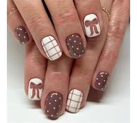 Ongles à carreaux avec nœud papillon marron café saisonnier