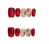 Ongles à coller ballet courts œil de chat fleur, 10 pcs | Faux ongles en plastique faits main avec pastilles adhésives, mini lime, bâtonnet et lingette(18 Size S)