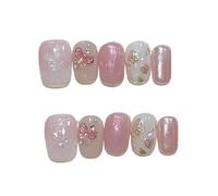 Ongles à coller ballet courts œil de chat fleur, 10 pcs | Faux ongles en plastique faits main avec pastilles adhésives, mini lime, bâtonnet et lingette(16 Size L)