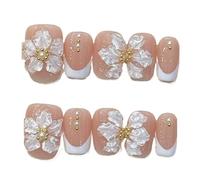 Ongles à coller ballet courts œil de chat fleur, 10 pcs | Faux ongles en plastique faits main avec pastilles adhésives, mini lime, bâtonnet et lingette(17 Size S)