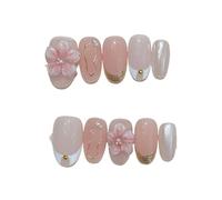 Ongles à coller ballet courts œil de chat fleur, 10 pcs | Faux ongles en plastique faits main avec pastilles adhésives, mini lime, bâtonnet et lingette(4 Size M)