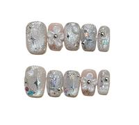 Ongles à coller ballet courts œil de chat fleur, 10 pcs | Faux ongles en plastique faits main avec pastilles adhésives, mini lime, bâtonnet et lingette(11 Size XS)