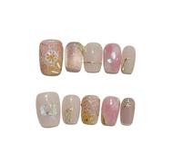 Ongles à coller ballet courts œil de chat fleur, 10 pcs | Faux ongles en plastique faits main avec pastilles adhésives, mini lime, bâtonnet et lingette(6 Size S)
