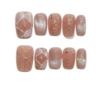Ongles à coller ballet courts œil de chat fleur, 10 pcs | Faux ongles en plastique faits main avec pastilles adhésives, mini lime, bâtonnet et lingette(5 Size XS)