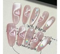 Ongles a Coller en Forme D'œil de Chat en Forme de Cœur Rose, Faux Ongles Faits à la Main, Fake Nails Scintillantes, Longs et élégants(L)
