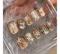 Ongles à Coller œil de Chat Marron - Faux Ongles Courts Faits Main, Ongles Autocollants pour Femmes en Automne/Hiver(Large)