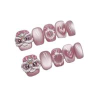 Ongles à coller roses œil de chat, ballet moyen français lion 3D | Faux ongles faits main couvrants pour soirée avec relief et style français(XS)