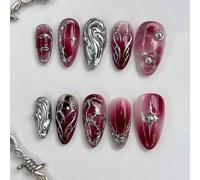 Ongles à coller style gothique Y2K noirs, 10 pièces d'ongles faux 3D avec étoile argentée et tourbillon, manucure DIY réutilisable, convient au style grunge ABS,Gelée,Carborundum