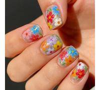 Ongles à paillettes avec illustrations florales, pointes de manucure carrées courtes et brillantes, ensemble de 24 pièces en ABS multicolore pour des changements rapides de manucure Faux ongles
