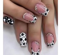 Ongles À Presser Courts, Ongles Effet French À Coller Avec Motif Vache Et Strass, Ongles Acryliques Élégants, Ongles Fausse Réutilisables