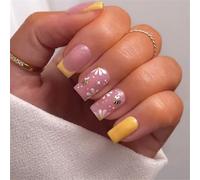 Ongles à pression de Type français, 24 pièces, longueur courte, avec fleurs jaunes et blanches, adorables abeilles, finition brillante, ABS, abeilles à presser