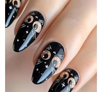 Ongles à pression en forme d ' amande, 24 pièces, avec motifs de chats noirs, longueur moyenne, brillants, pour les amoureux de la mode