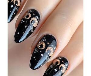 Ongles à pression en forme d ' amande, 24 pièces, avec motifs de chats noirs, longueur moyenne, brillants, pour les amoureux de la mode