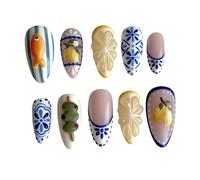 Ongles à pression en forme d ' amande, 30 pièces, dégradé de couleur et motifs floraux dimensionnels, pointes d ' ongles en forme d ' amande
