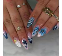 Ongles à pression en forme de fleur 3D, thème bleu, effet yeux scintillants, faciles à retirer