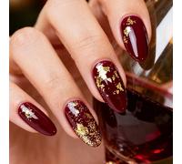 Ongles à pression prêts pour la fête de Noël, en forme d ' amande, pointes en or rouge, design français pour les femmes occupées, design d ' ongles de Noël instantanément