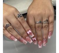 Ongles à pression roses avec nœuds délicats et breloques d ' amour, couverture complète brillante, French Tip Nails Art
