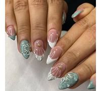 Ongles Amovibles - 24 Pièces, Texture Coquillage en Relief, Camélia Vert, Perles Style Français, Look Jeune et Polyvalent INS Européen, Avec Colle