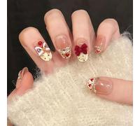 Ongles Amovibles - 30 Pièces, Effet Œil-de-Chat Champagne, Blush Français, Nœud Papillon, Lion Éveillé, Perles et Strass, Style INS Européen, Avec Colle