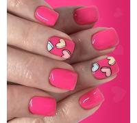 Ongles Artificiels À De Cœur 24 Pièces Forme Carrée Courte Rose Vif Brillant Pour Les Thèmes D'amour Design Romantique Ongles Français