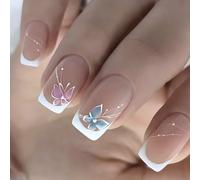 Ongles artificiels à pointe française, 24 pièces, avec motifs papillon Chics, pour Application rapide à domicile, faciles à porter, à pression
