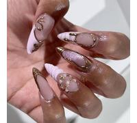 Ongles artificiels à pointe française, détails métalliques roses, accents de perles, durabilité, type de presse, pour, type de presse avec perles, motifs étoiles