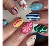 Ongles artificiels ABS, faciles à presser, avec motifs de créatures marines, Texture et Accents floraux, faux à la mode