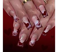 Ongles artificiels de longueur moyenne Facile à appliquer Faux Ongles Design Cœur Saint-Valentin Pour un usage quotidien Événements Occasions spéciales Ongles français bordeaux