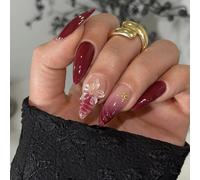 Ongles artificiels de qualité salon Vin rouge floral Manucure française Pointes en amande Ajustement confortable Type de sculpture tridimensionnelle Vin rouge Faux ongles avec sculpture