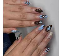 Ongles artificiels enchanteurs à pois géométriques en couleurs bleu-marron pour une manucure rapide et un look élégant Twist Dot Star Press Nails