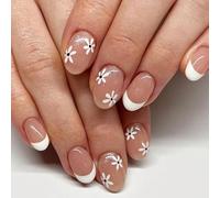 Ongles artificiels faciles à utiliser - Fleurs pailletées - Style français - Pour un usage quotidien - Amélioration sûre des doigts