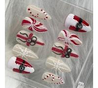 Ongles artificiels festifs, 30 pièces, flocons de neige rayés rouge et blanc, ABS, manucure de fête de noël, à pression, rouge et blanc