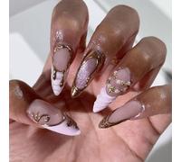 Ongles Artificiels Ornés D'étoiles De Perles Élégantes Avec Métallique Pour Les Mariages Pointe Française Formelle Design or Lavande