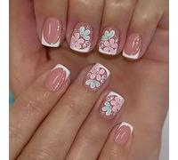 Ongles artificiels scintillants, pointe française, de fleur rose, bâton de presse, longue durée, scintillant à la mode