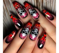 Ongles artificiels squelette floral effrayant, ABS longue durée, application facile, événement d ' Halloween, ongles squelette rouge d ' Halloween