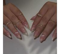 Ongles avec finition florale rose chair, ensemble acrylique brillant long amande, manucure prête pour photo, pointe décorative, tenue quotidienne pour événements