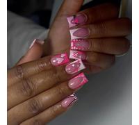 Ongles carrés à presser à la mode en forme de cœurs et de paillettes pour un look élégant de Saint-Valentin