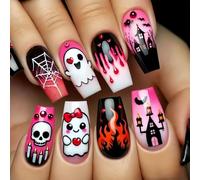 Ongles carrés de longueur M, rose, tête de mort d ' Halloween, durabilité légère, ABS pour accessoires de fête, faux festifs d ' Halloween pour femmes