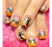 Ongles courts à pression pour Halloween - Motif feuilles de citrouille - Ventre léger