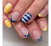 Ongles courts avec thème marin, motifs dorés 3D, ongles ABS confortables, parfaits pour les fêtes, événements, pression facile