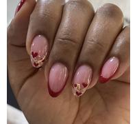 Ongles courts en amande, pointe française, cœur scintillant, colle brillante sur les ongles, ensemble de 24 pièces pour le nouvel an et noël, facile à appliquer